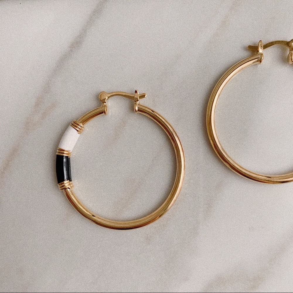 Black White Enamel Tube Hoops | 18k Gold Filled - Picture 4 of 6